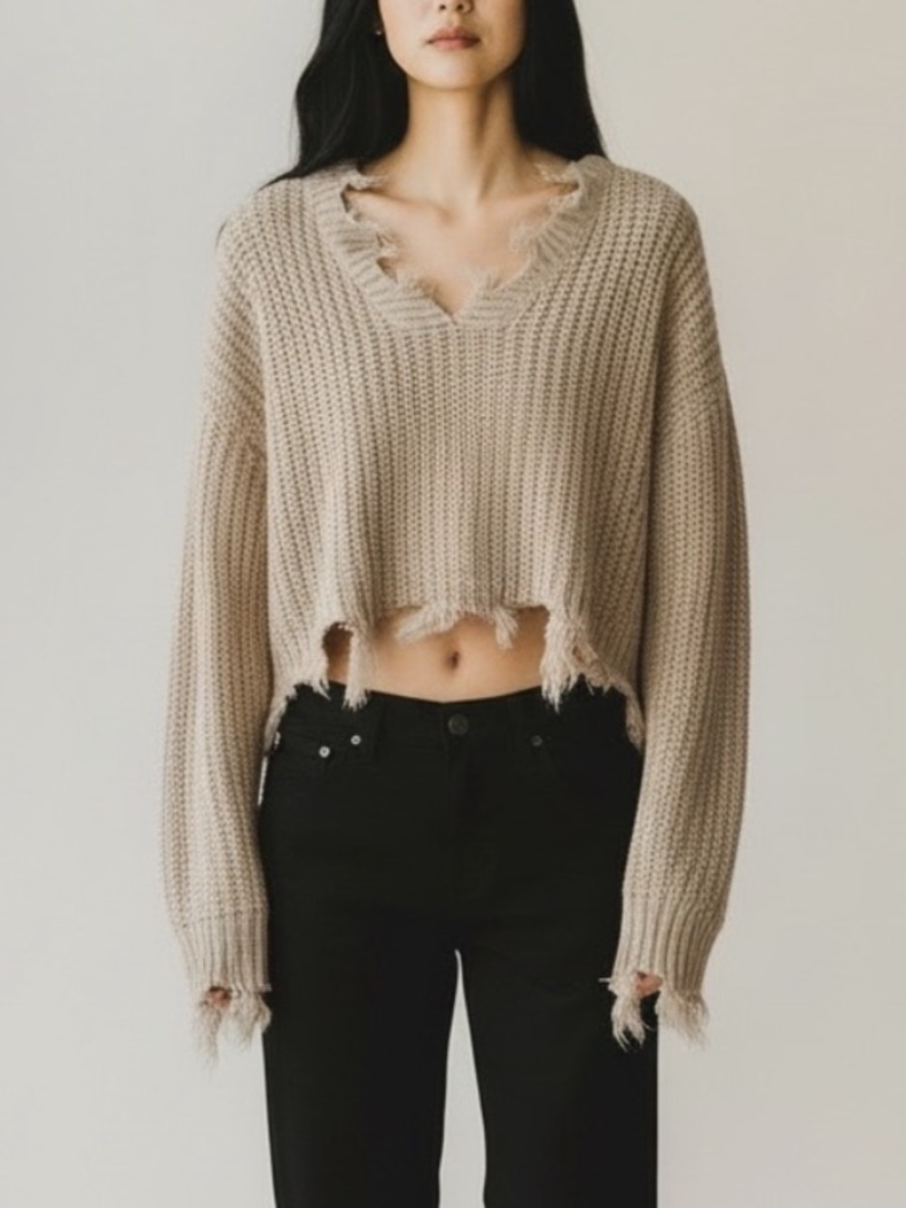 Windsor Distressed V-Neck Cropped Sweater in Taupe